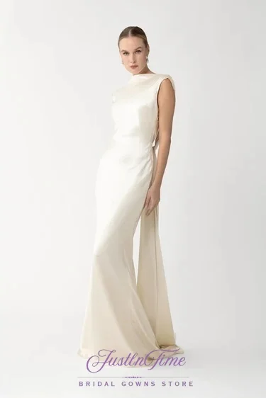 JUSTLNTIME Elegant Modern Sleeveless Mermaid Wedding Dress Open Back Sweep Train Satin 2026 Bridal Customized свадебное платье