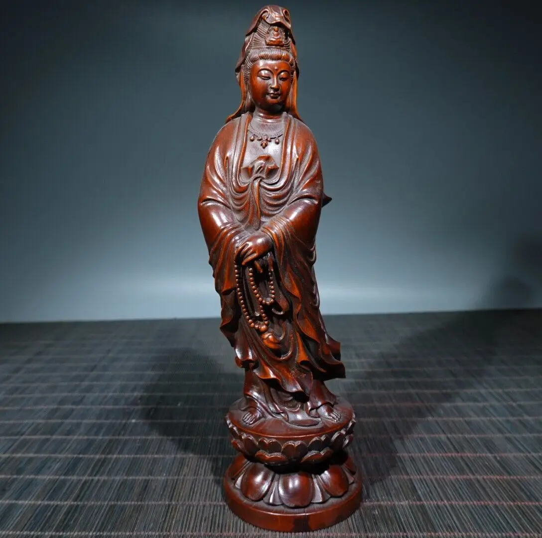 Collectable Chinese Natural Boxwood Carved Kwan-yin Ornament Statues 106756