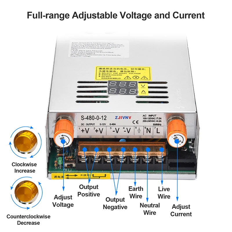 

Импульсный источник питания 480 Вт с цифровым дисплеем, регулируемым напряжением и током 0-5 В, 12 В, 24 В, 36 В, 48 В, 60 В, 80 В, 120 В, 160 В, 220 В, 300 В