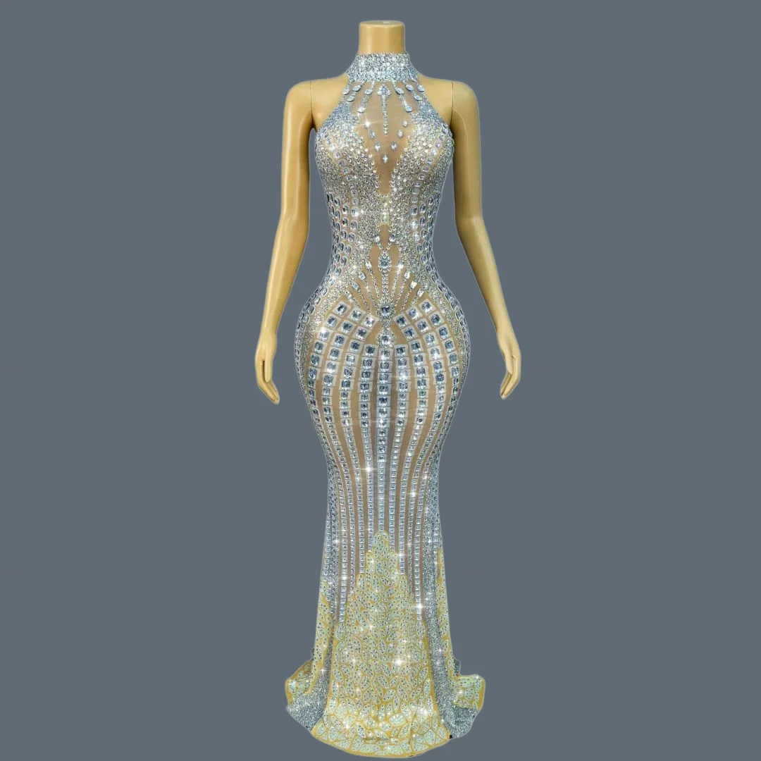 

Luxury Sparkly Crystals Floor-length Dress Women Sexy Nightclub Party Celebrate Prom Red Carpet Formal Event Dress Jinluansuyi