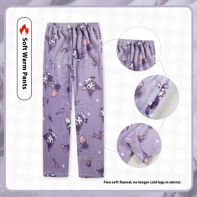 Flannel Cartoon Sanrio Walking Pants Pajamas Pants Thickened Women\'s Autumn and Winter New Warm Home Casual Pants with Pockets