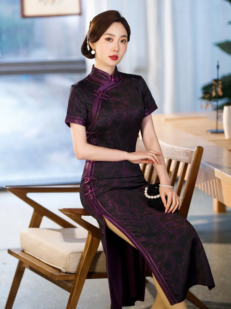 

Elegant Summer Long Purple Cheongsam Banquet Party Retro Elegant Qipao Traditional Chinese Clothing Evening Dress for Women