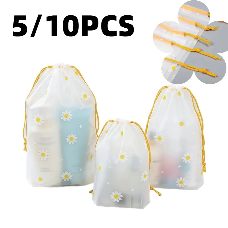5/10PCS Daisy Print Plastic Bag White Transparent Foldable Daisy Print Travel Bag Suitable Storage Towel Travel Supplies