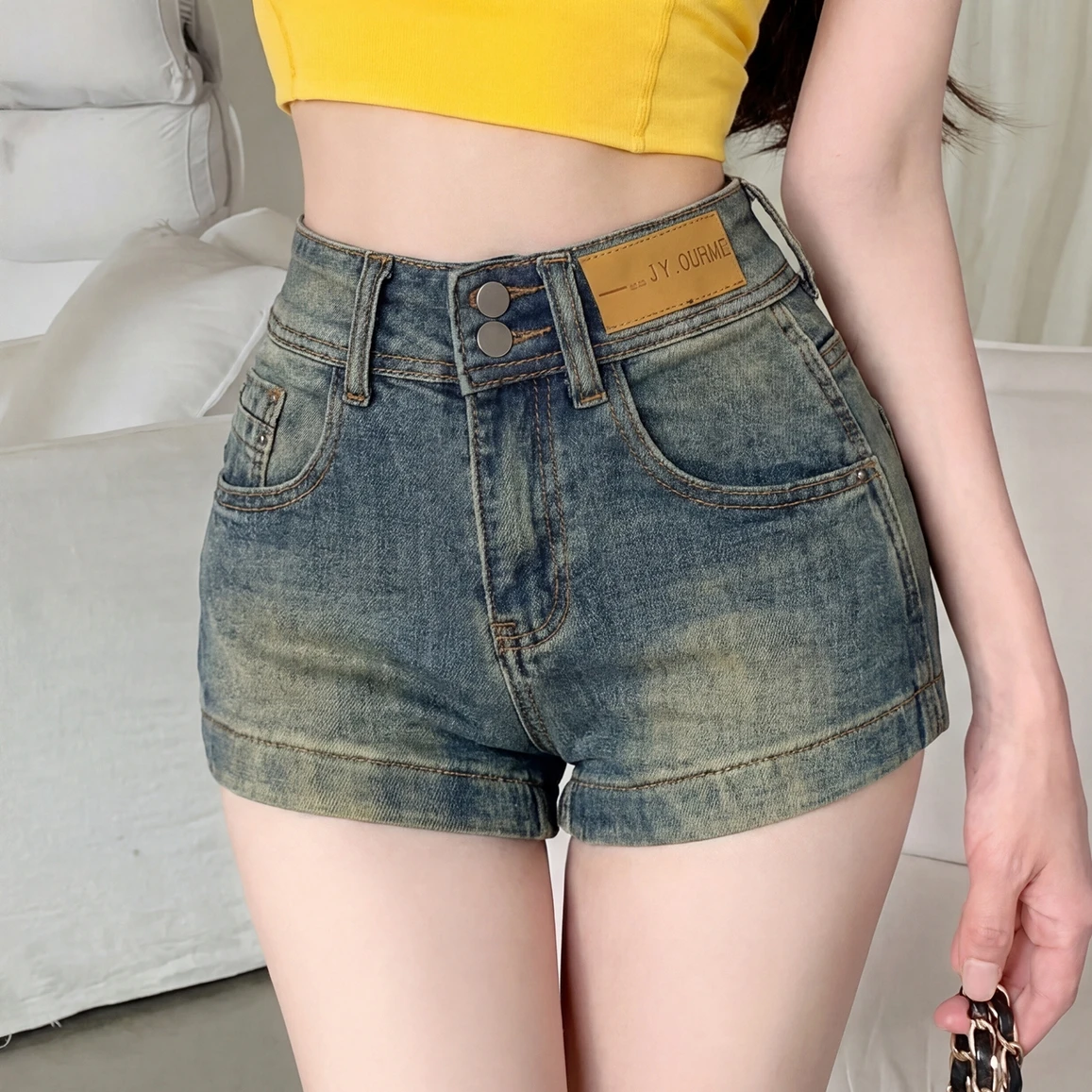 

Retro Distressed Denim Shorts Women's 2026 Summer High Waist Elastic Slim Fit Hot Girl Shorts Ladies fashionable casual shorts
