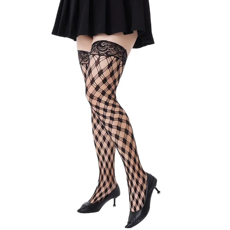 

Plus Size Stay Up Stockings Women's Anti Slip Silicone Stockings Retro Lace Knee High Socks Cross Fishnet Hosiery Sexy Lingerie