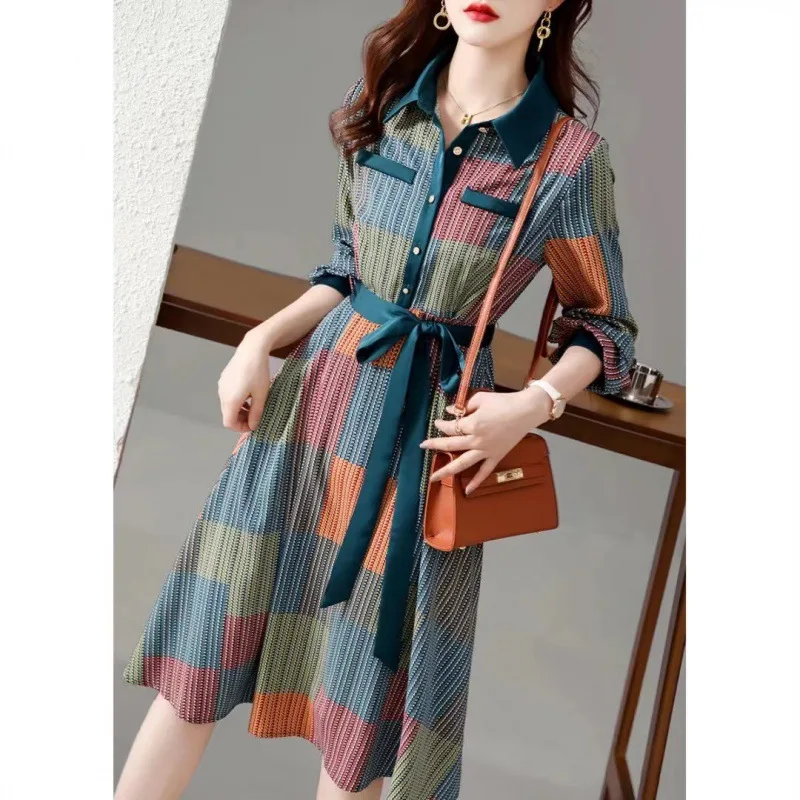 Korean Autumn Patchwork Women Dress 2023 New Floral Long Sleve Lacing Turn Collar Button Pullover Female Dresses Vestidos