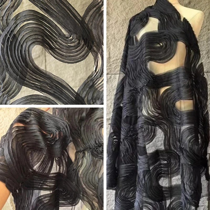 Schwarzer Unregelmäßiger Wellen-Stickerei-Tüllstoff Durchsichtiger Hochzeitskleid-Spitzenstoff Designer Handgefertigtes Näh-DIY-Bastelmaterial