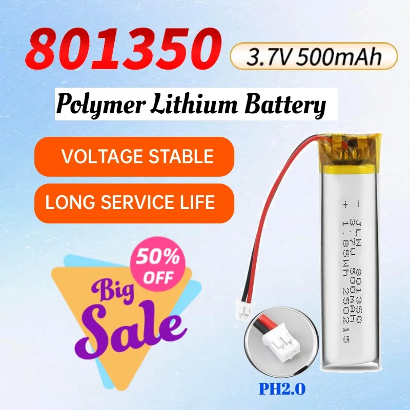 With PH2.0 3.7V 500mAh 801350 Polymer Lithium Battery for Bluetooth Headsets Thermometers Remote Controls Rechargeable Battery