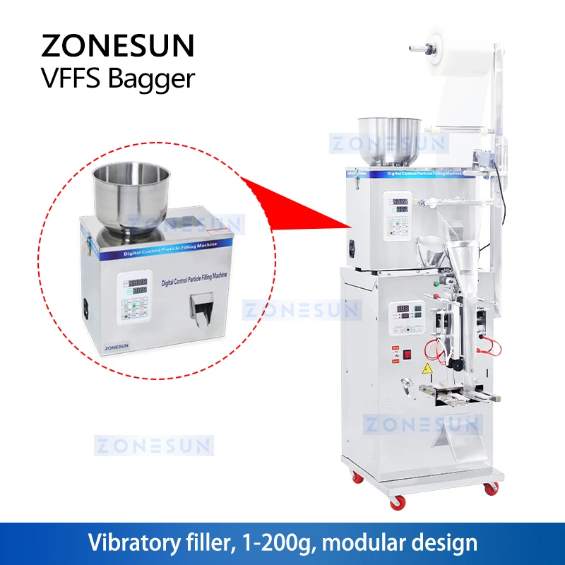 ZONESUN Automatic 1-50G Dry And Massive Power Filling Hardware Nut Automatic Powder Tea Surge Sealing Packing Machine ZS-GZ200