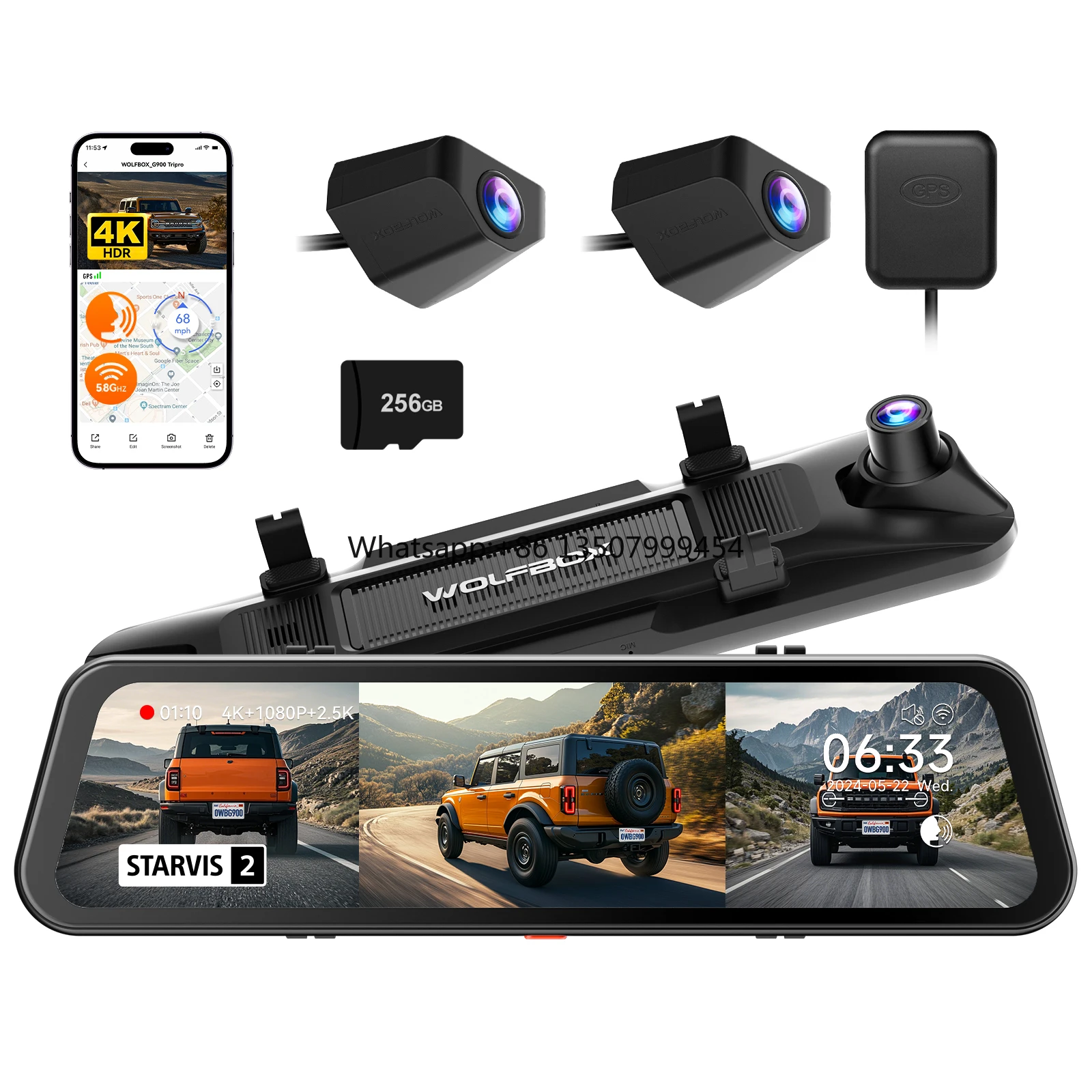

Wolfbox G900TriPro Distributor Bumper Version 3 Channel Rearview Mirror Dash Cam 4k Black Car Camera with Gps