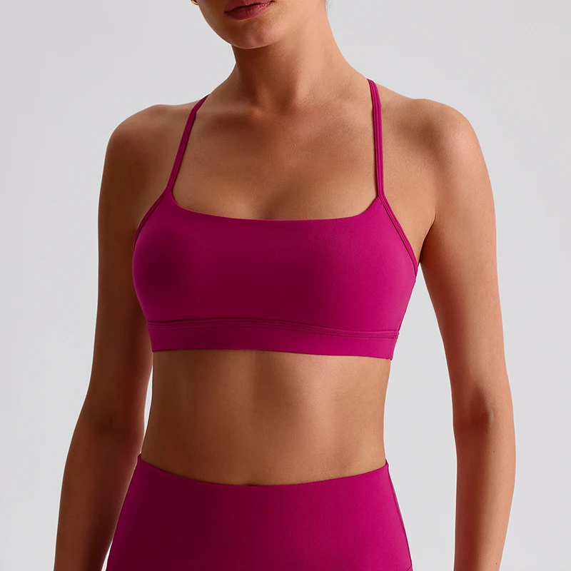 Brushed Low Impact Sports Bras Women Padded Cross Back Yoga Bra Spaghetti Straps Gym Workout Crop Tank Top with Removable Cups