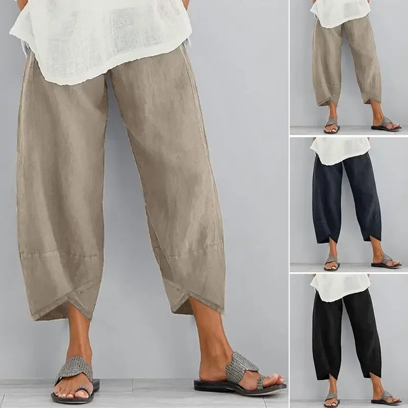 

Vintage Harem Pants Women Casual Loose Printed Elastic Waist Cotton Linen Wide Leg Pants Summer Irregular Pantalon Cropped Pants