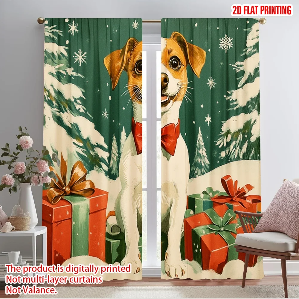 2pcs,2D plane printing Window Curtain Cute Dog Christmas Gifts Polyester Woven (without rod) Holiday for Bedroom, Living Room,