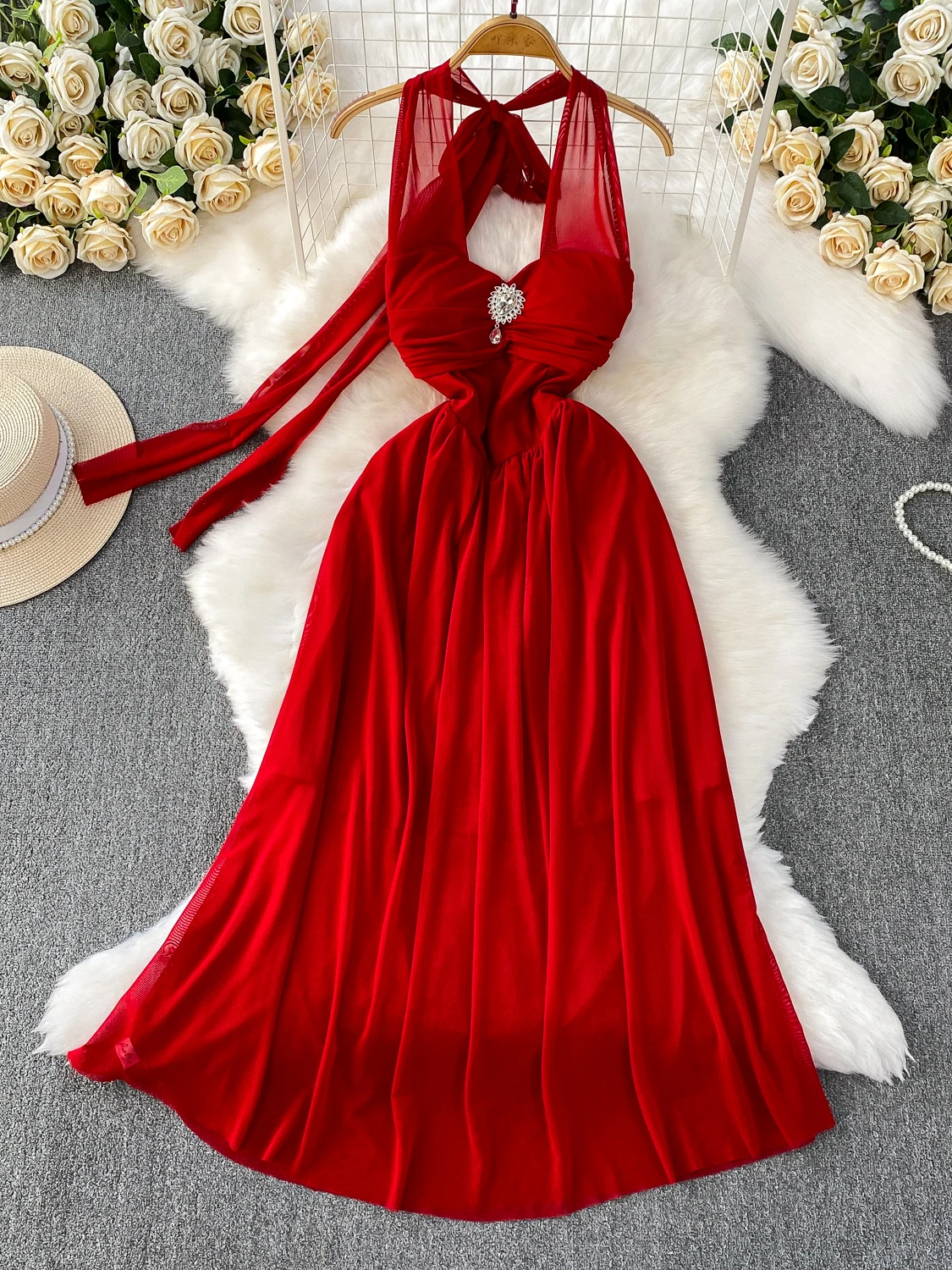 エレVネックウエストシェイプドセクシーハンギングネグランハイウエストAラインスカートサマーシーズンレディースドレス