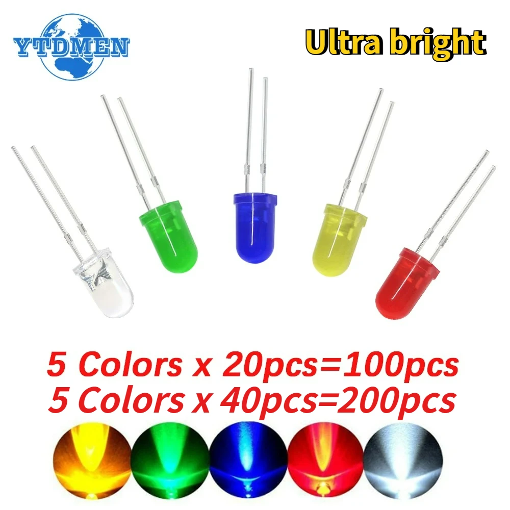 100/200pcs 5mm LED Ultra Bright Round LED Diode F5 White Red Blue Green Yellow 5 Colors Assorted Kit LEDs Set Electronic Diy Kit