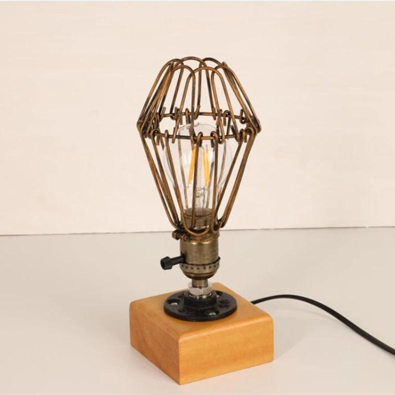 Vintage Wood Table Lamp Industrial Iron Desk Lamp Dimmable Switch Edison Bulb Lighting Cafe Bar Retro Home Decor Table Light