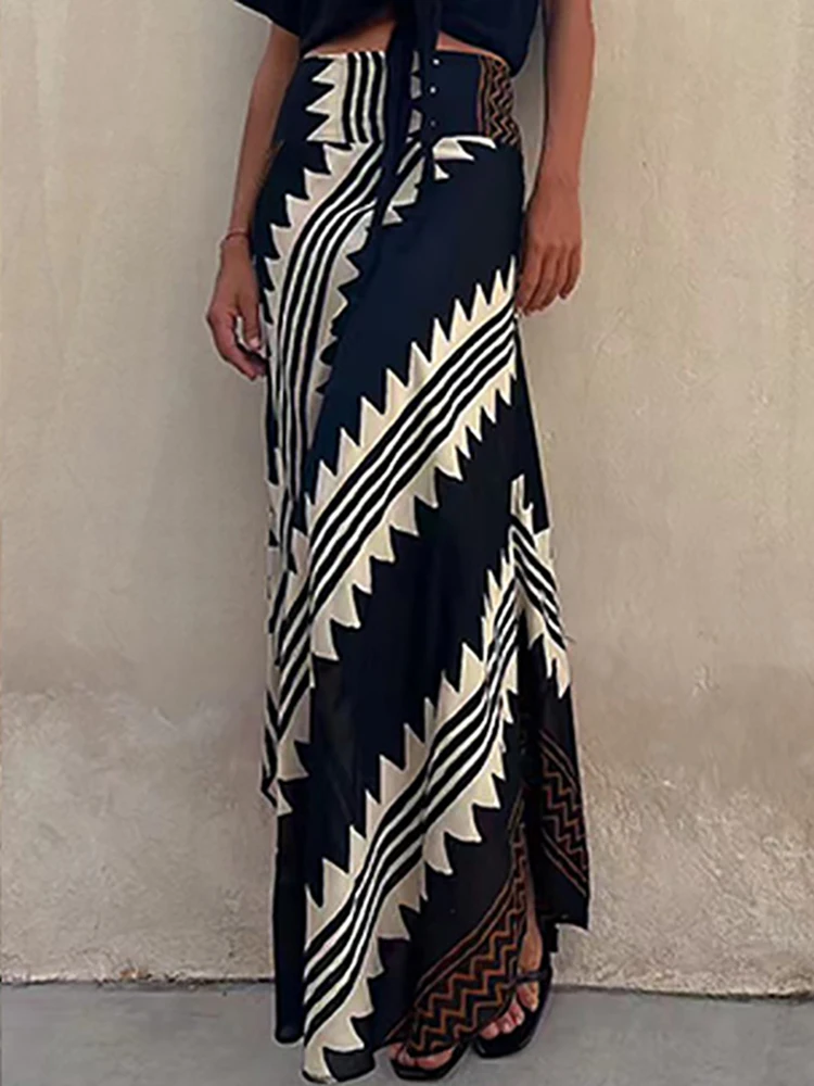 Boho Retro Patchwork Print Skirt Women 2023 Summer High Waist A-Line Elastic Long Skirts Casual Holiday Beach Skirt Dropshipping