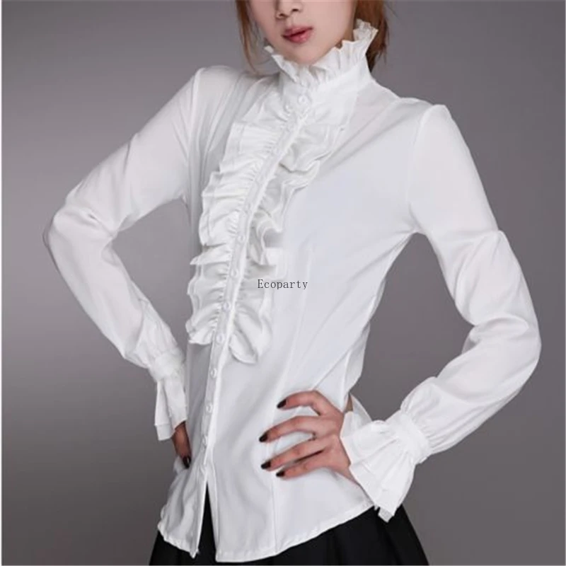 cosplay lolita tops Victorian Womens Tops Ruffles Long Sleeve Frill Solid Color OL Office Shirt Frilly Cuffs High Neck Blouse