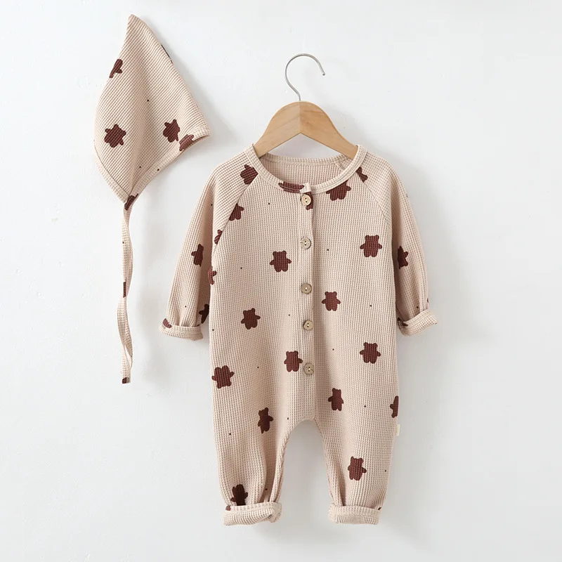 Lovely Cartoon Baby Boys Girls Romper Autumn Spring Cute Bear Long Sleeve Jumpsuits with Hat 3-24Months Newborn Infant Clothes