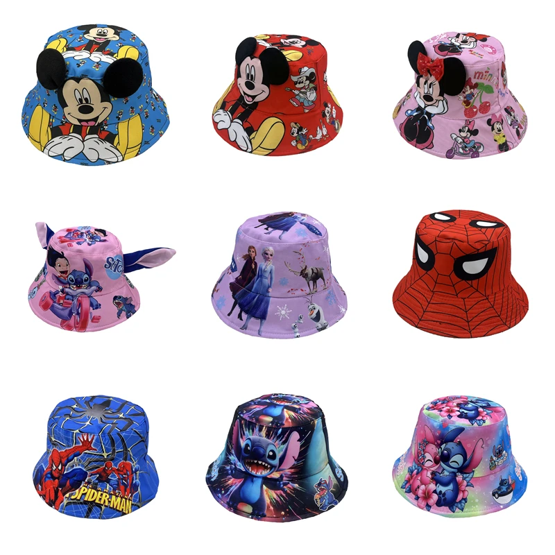 

Spring Kids Boys Bucket Hat Children Cartoon Spiderman Frozen Elsa Mickey Minnie Stitch Print Fisherman Cap Girls Sun Hat 4-15T