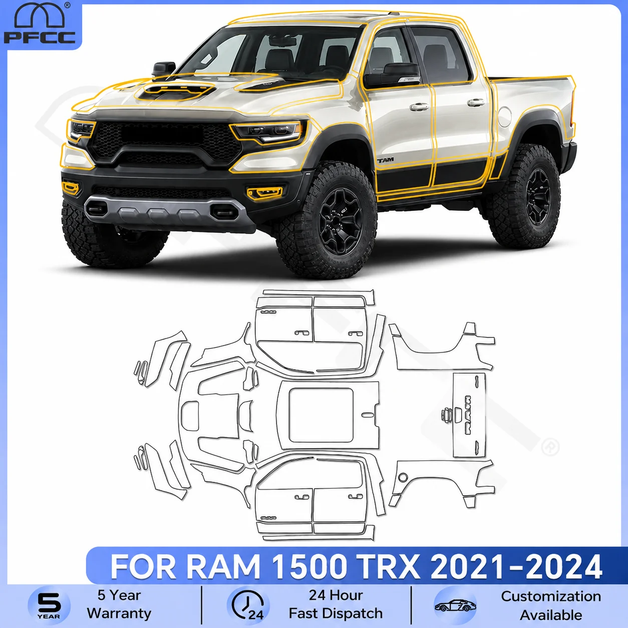 For RAM 1500 TRX 2021-2024 TPU Full Car Paint Protection Film Anti-scratch Clear Sticker Precut PPF Resistant Self-healing Kit