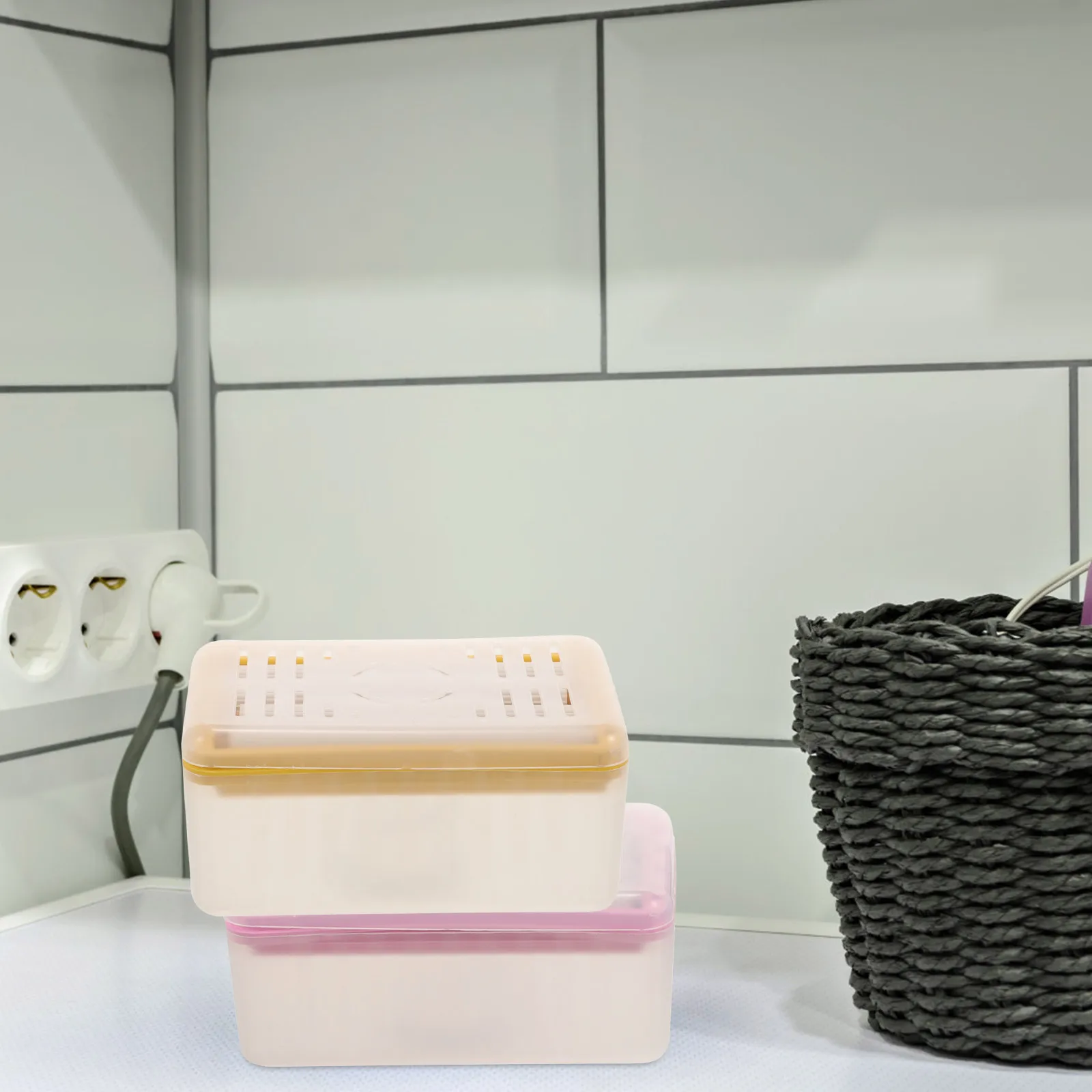 

3pcs Soap Dispenser Boxes Laundry Containers Yellow Blue Pink Small Hollow Drainage Structure Bath Kitchen Stable Placement