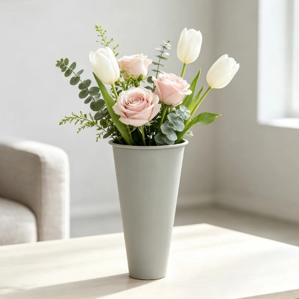 White Plastic Cemetery Vase 17 cm Height 8.7 cm Top Opening 4 cm Flat Base for Stable Outdoor Grave Decoration