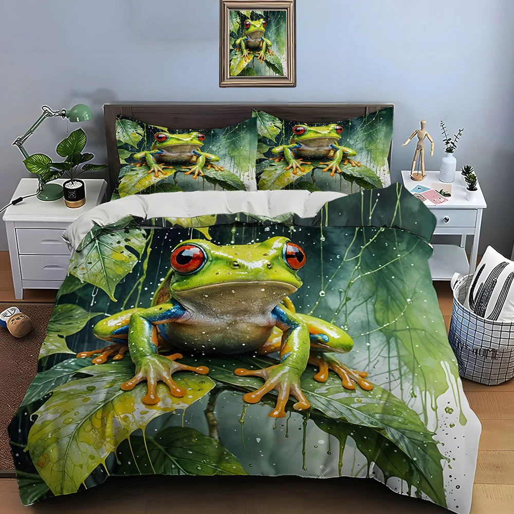 Red-Eyed Tree Frog in Rainforest Bedding Set for Kids Luxury Gift 3pcs Digital Print Comforter Set Soft Comfortable Breathable