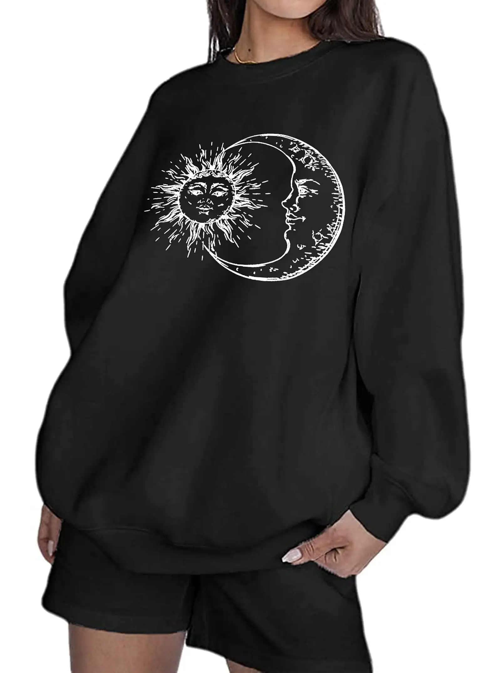 Women's Sun and Moon Patterned Sports Shirt Long Sleeved Pullover Top with Black Mushroom Print Pattern Clothing Fashion Trend