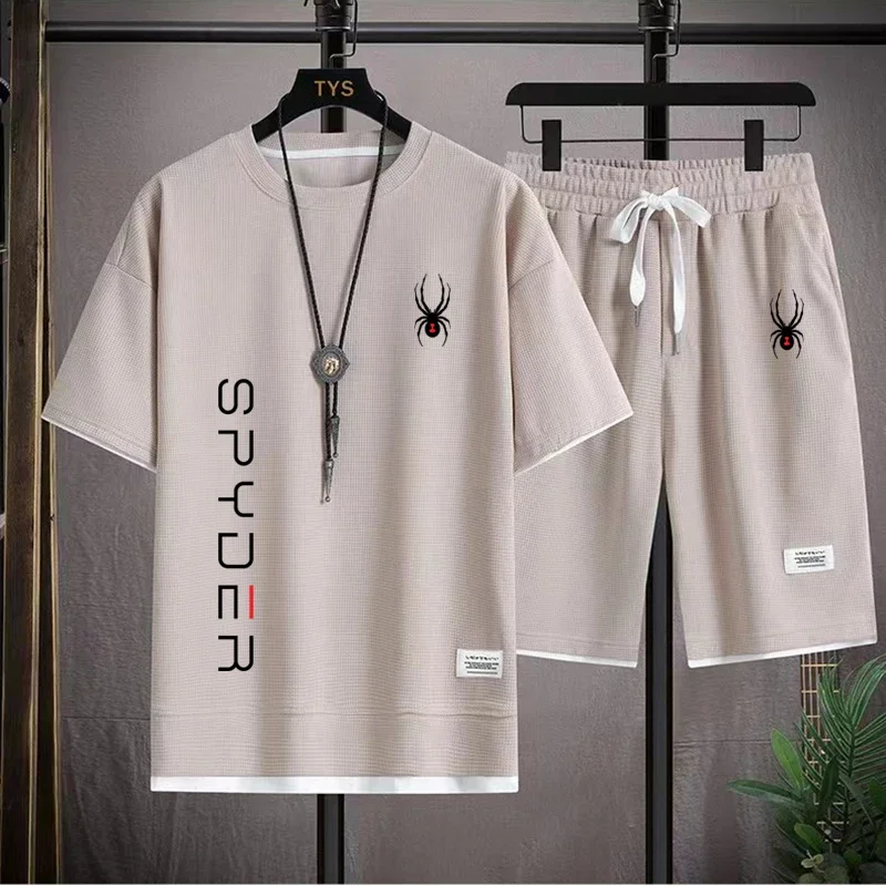 Korean Men's Tracksuit Short Sleeve T-shirts And Sports Summer Casual Outfits Joggers Sets Two Piece Suit Spider