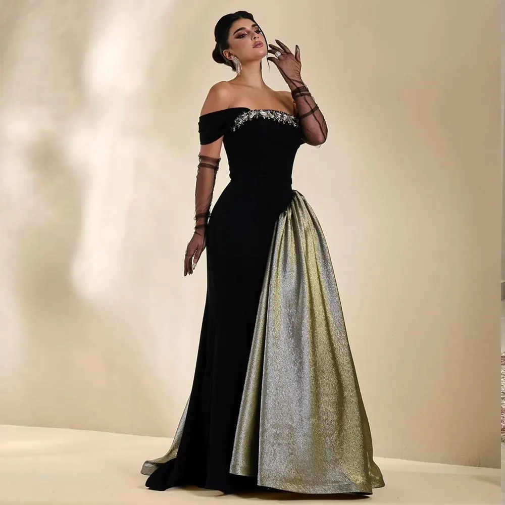 Rose Novias Vintage Party Dress Off Shoulder Crystal Velvet Saudi Arabian Women\'s Prom Gown Brush Train Dubai Evening Dresses