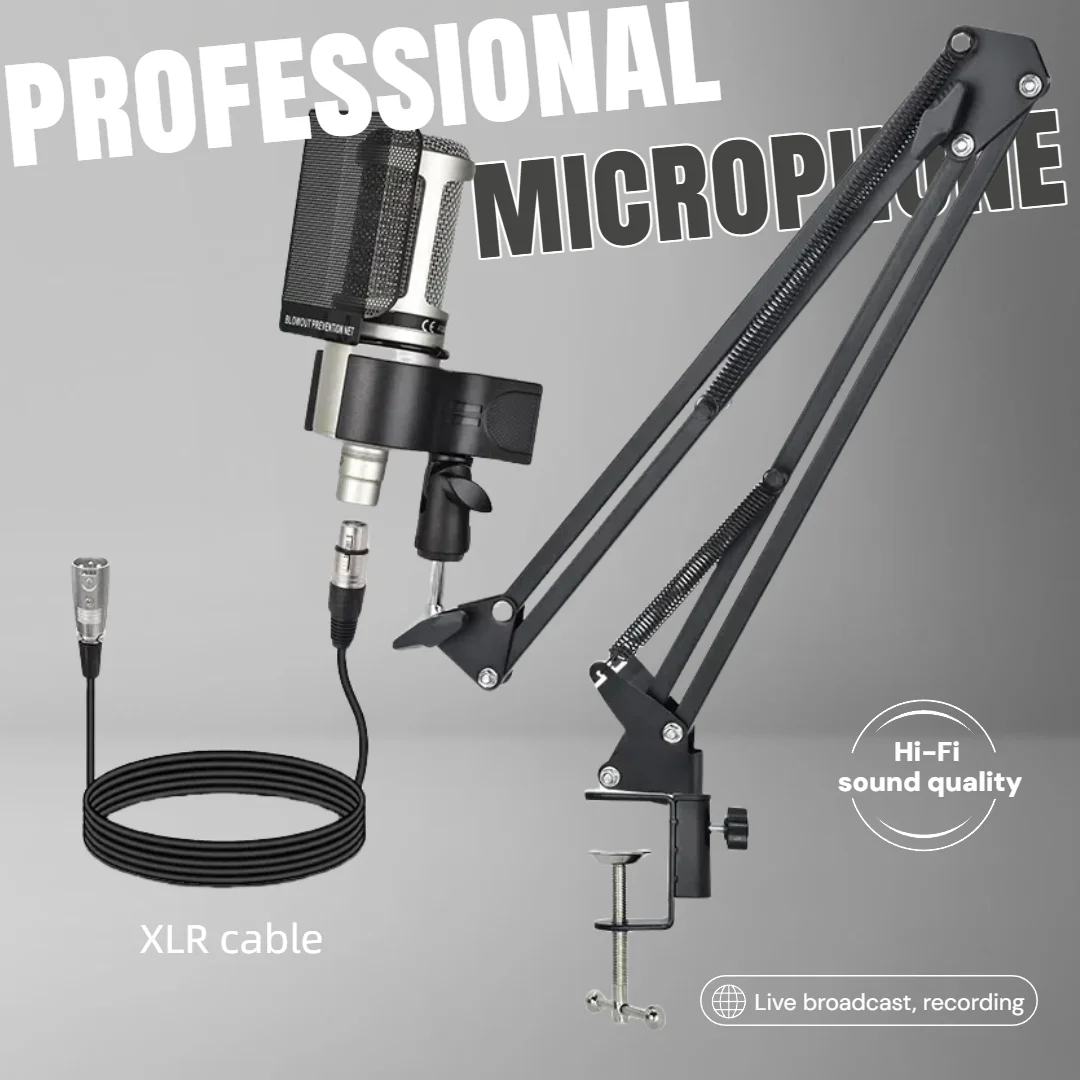 

At2020 Condenser Microphone Set, Xlr Dual Xlr Cable High-Definition Sound Pickup Professional Version, Compatible with 48V, Suitable for Professional Live Streaming, Singing, Recording, Studio, and Speech