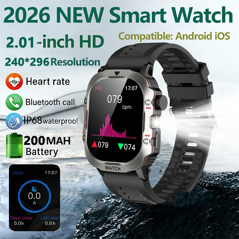 2026 New Smart Watch Bluetooth Call Outdoor Flashlight IP68 Heart Rate Blood Oxygen Monitor GPS Motion Trajectory Smartwatches