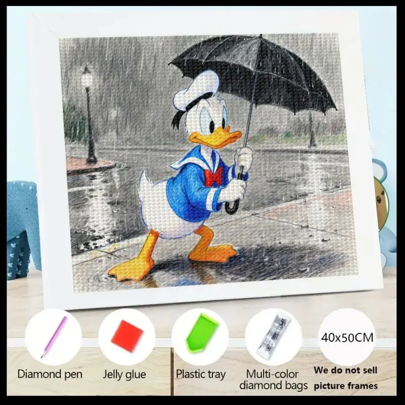 

1 шт. 5D полный дрель алмазная живопись, Disney Donald Duck Walking in Rain с зонтиком, милое мультяшное искусство, сделай сам, хрустальный горный хрусталь