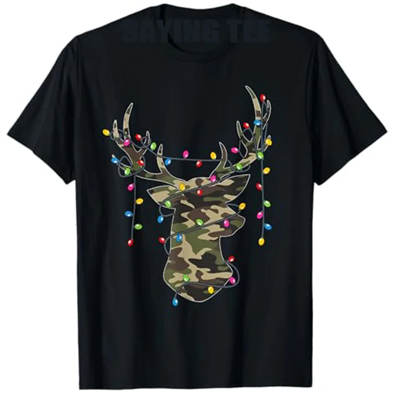 

Christmas Holiday Camo Hunting Reindeer Deer Xmas Lights T-Shirt Gifts Men's Fashion Holiday Clothes Short Sleeve Graphic Outfit