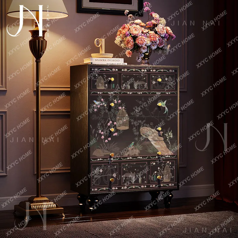 shoe cabinet Chinese wind flower bird solid wood chest living room wall drawer cabinet bedroom storage cabinet