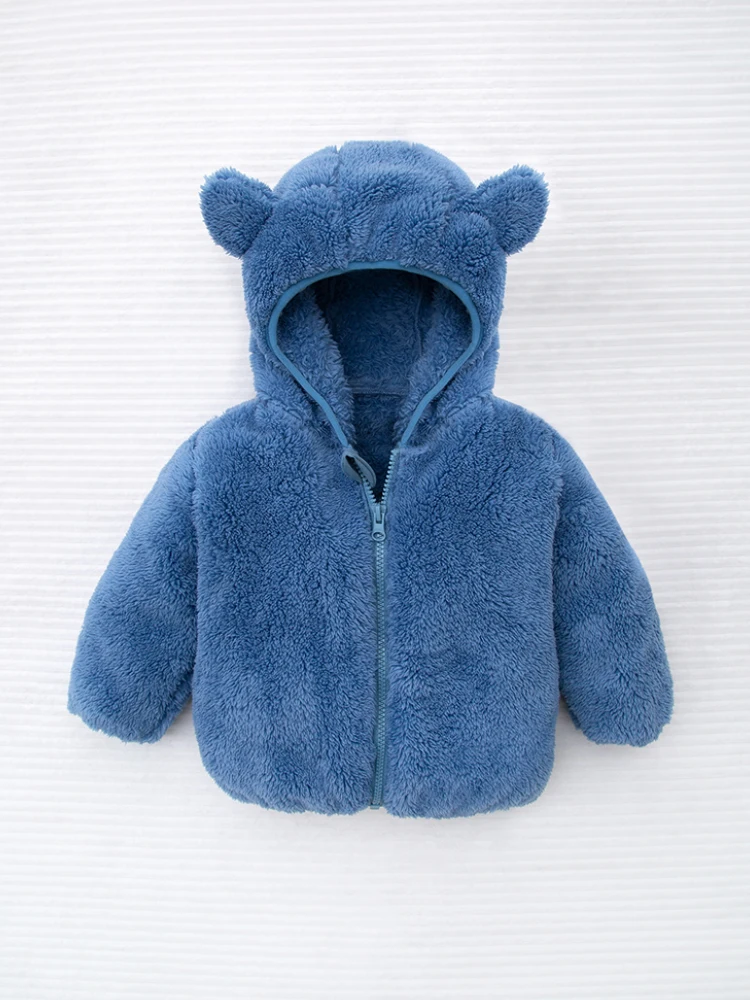 Winter new baby boy thick hooded teddy bear ear coat with coral fleece fabric for warmth Child Accessories