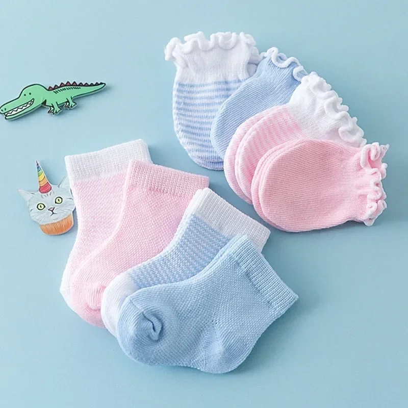 Cotton Baby Socks 4 Pairs Newborn Gloves Socks Set Spring Anti Scratch Bite Gloves Photography Props Infant Boys Girls Accessori