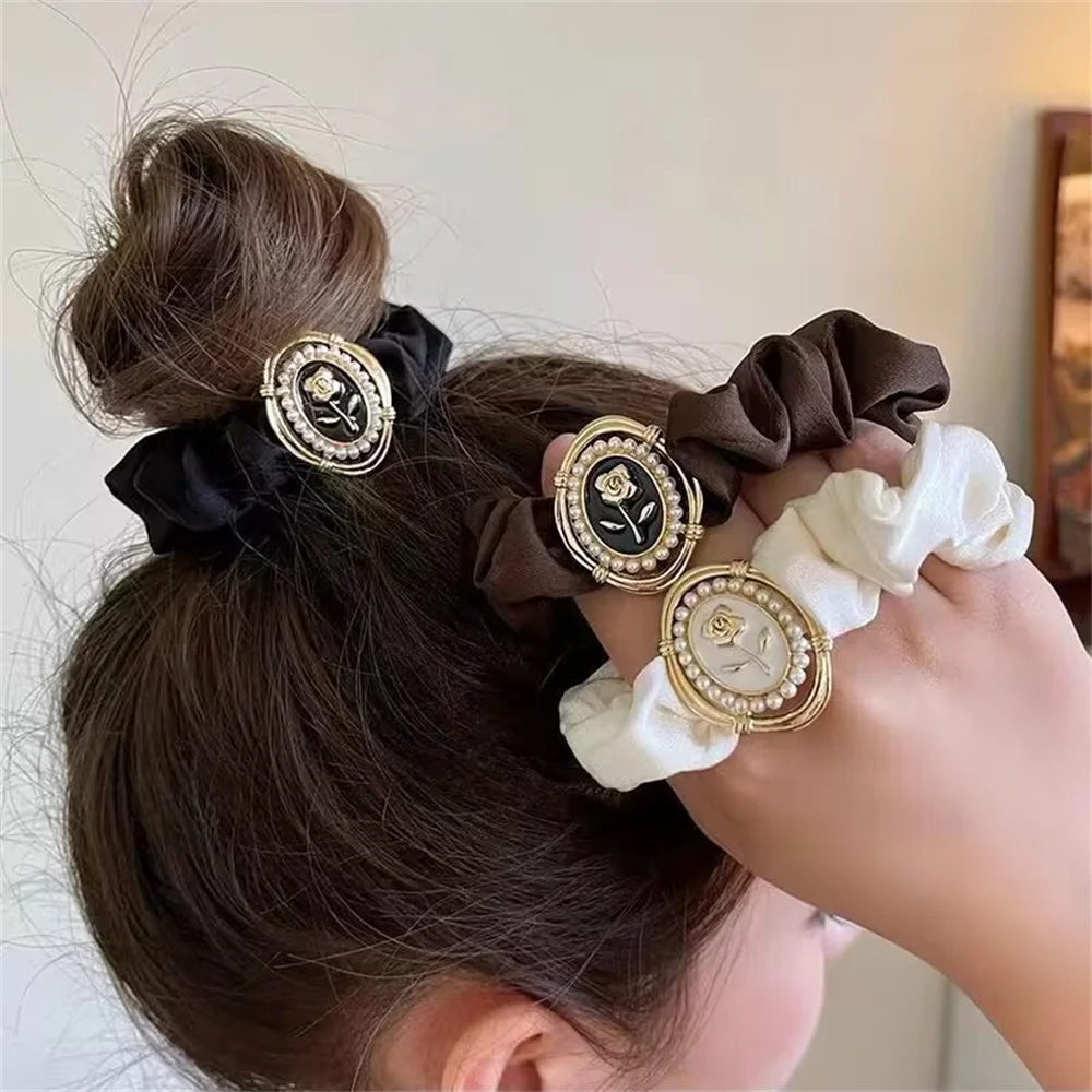 3 Color Vintage Rose Hair Rope Pearl Hair Ties Silks Large Intestine Scrunchies For Women Girl Ponytail Bands Hair Accessory