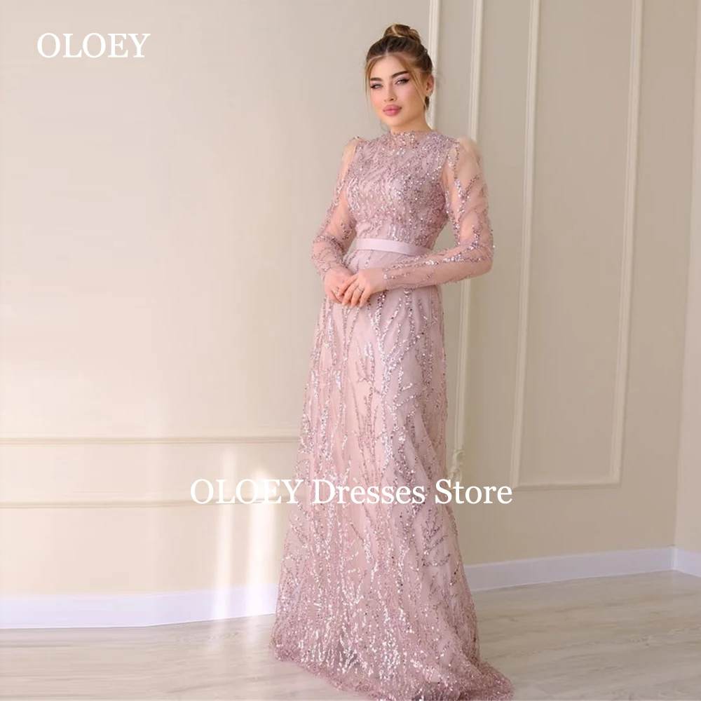 OLOEY Modest Pink O Neck Beading Eveing Dresses Puff Full Sleeves Wedding Party Gowns Customized Floor Length Formal Prom Gowns