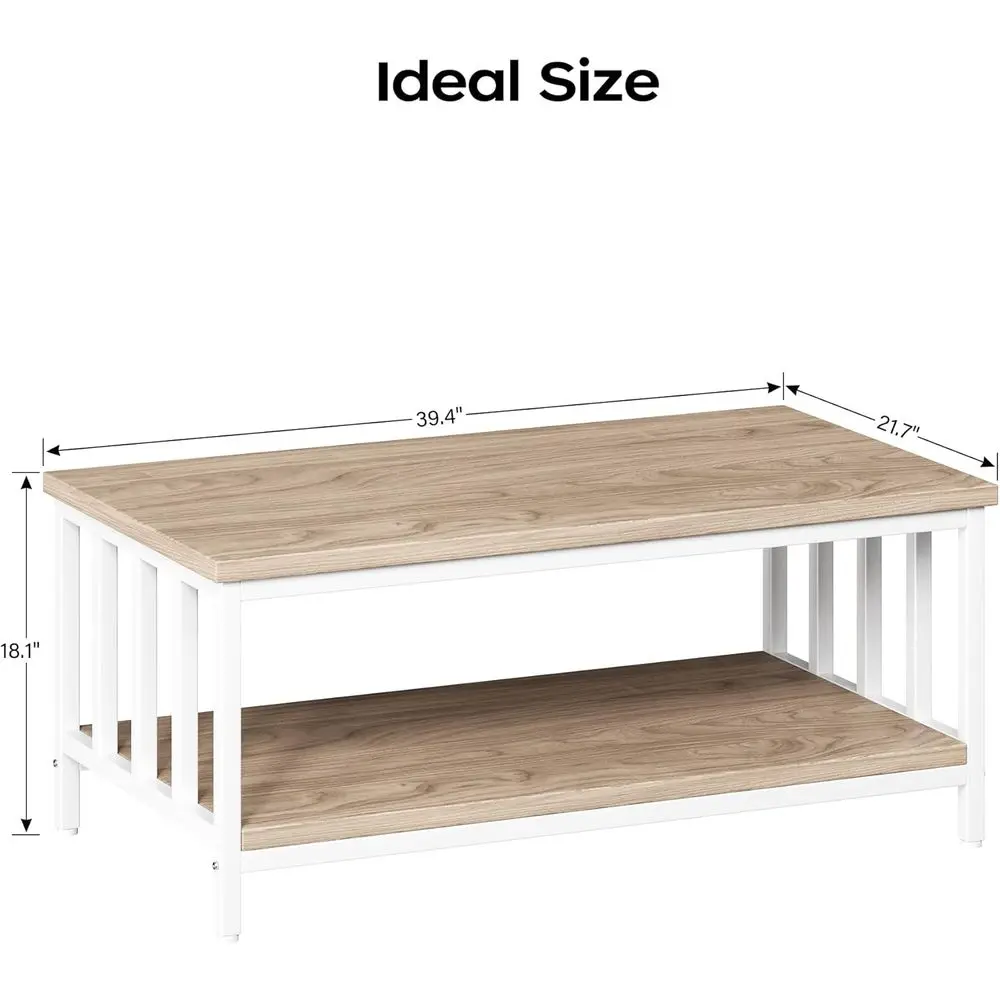 Modern Farmhouse Coffee Table with Slatted Sides, 2-Tier Storage, 39 Light Coffee for Living Room & Home Office