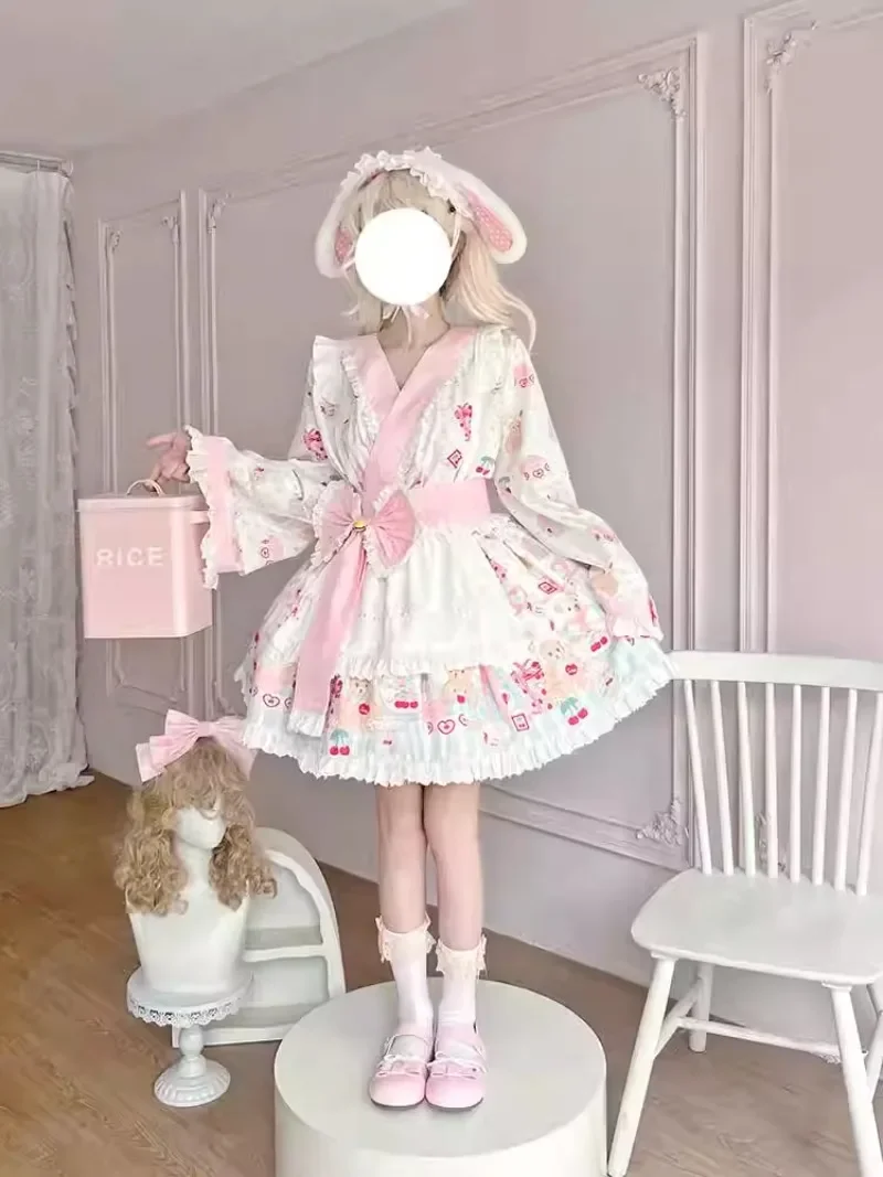 الحلو لطيف الكرتون الدب طباعة القوس فستان حفلة للأميرات مجموعة اليابانية Kawaii لوليتا كيمونو صغير تأثيري فستان خادمة للنساء #2