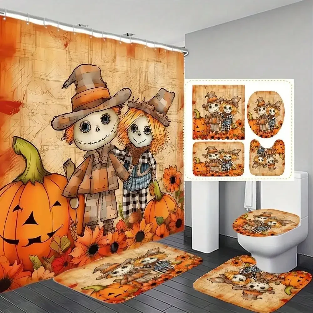 Scarecrow Pumpkin Shower Curtain & Bath Mat Set with Toilet Cover & Non-Slip Rug Suitable for Bath, High Quality Machine Washable Bathroom Decor Ensemble with Hooks, Hooks Included for Toilet Lid Cover and Mat for Fall Decor