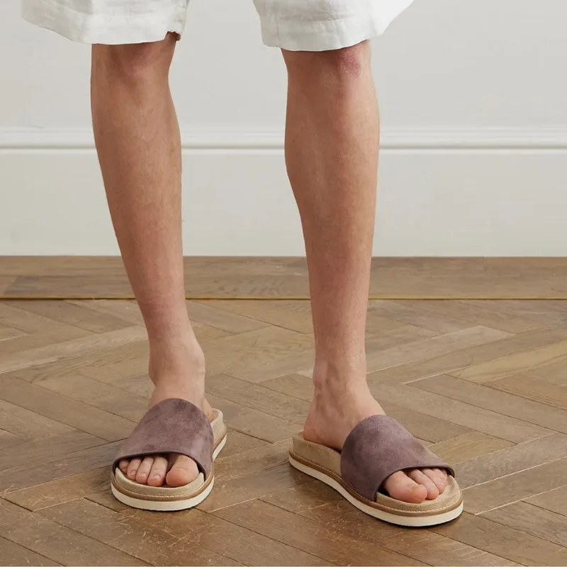 Cow Suede Slippers Men's Summer Retro Trendy Personalized Beach Shoes Male Casual Sandals Open Toe Slippers Breathable Flat