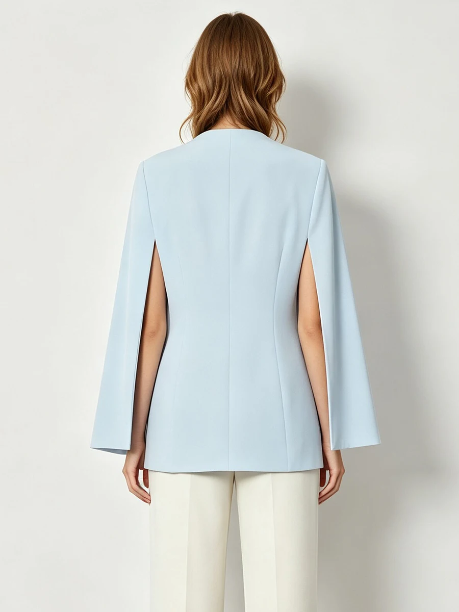 LIMO Collarless Open Front Cape Blazer Single Button Long Flare Sleeve Loose Women Elegant Commuter Shawl Outerwear Jacket