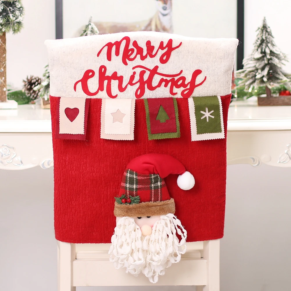 Linen Three-Dimensional Santa Claus Xmas Seat Cover Table Red Hat Chair Back Covers Festival Decorations For Home New Year Party