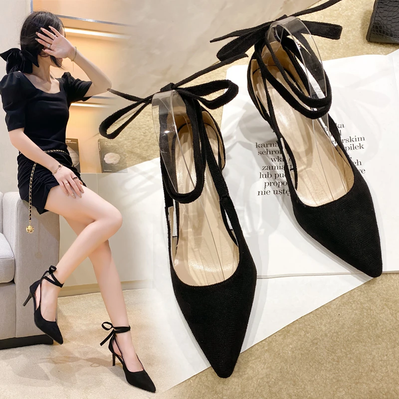 Super High Heel 8CM or Above Black Ladies High Heels 2024 Spring New Ankle Strap Women\'s Pumps Sexy Pointed Toe Party Prom Shoes