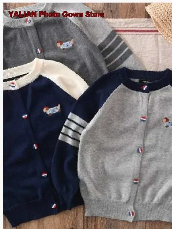 Boys Cardigan Kids Spring Autumn Thin Pure Cotton Contrast Color Knit Top A-Grade