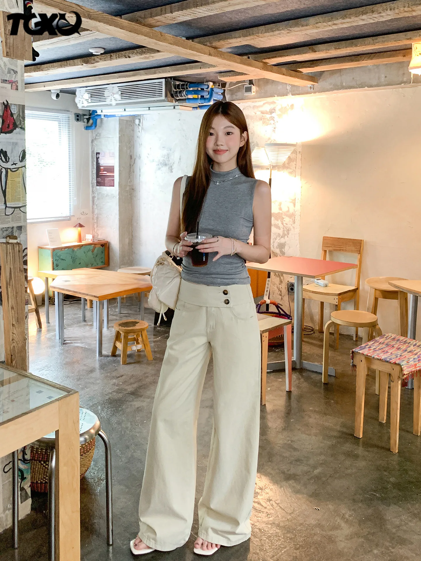 Khaki Double Buckle Women's Jeans Loose Lazy Style Casual Pants Cover Hip High Waist Cotton Denim Summer 2026 New Arrival