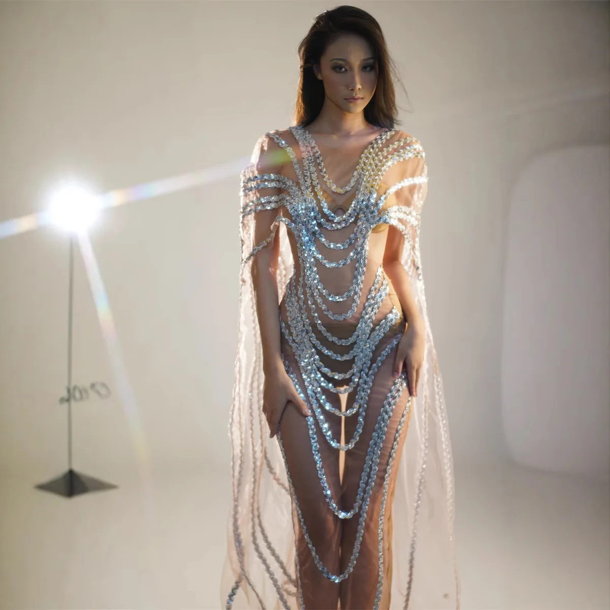 

STOCK Silver Sequined Mesh Party Dress Women's Sexy Nightclub Outfit Fashion See-Through Evening Gown Performance Sequin Dresses